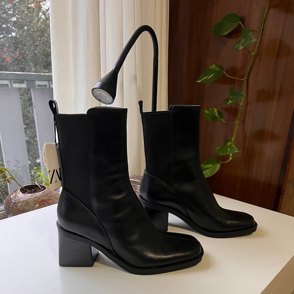 Zara BLOCK HEEL LEATHER ANKLE BOOTS BLACK 1/1130/010/800/36 - Picture 5 of 6